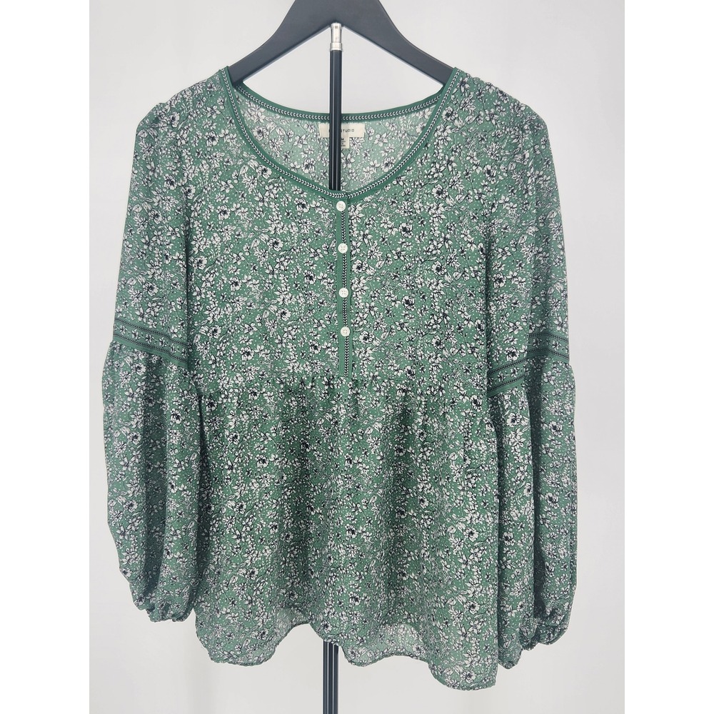 Max Studio Green Floral Babydoll Blouse Balloon Sleeve Henley Top Medium